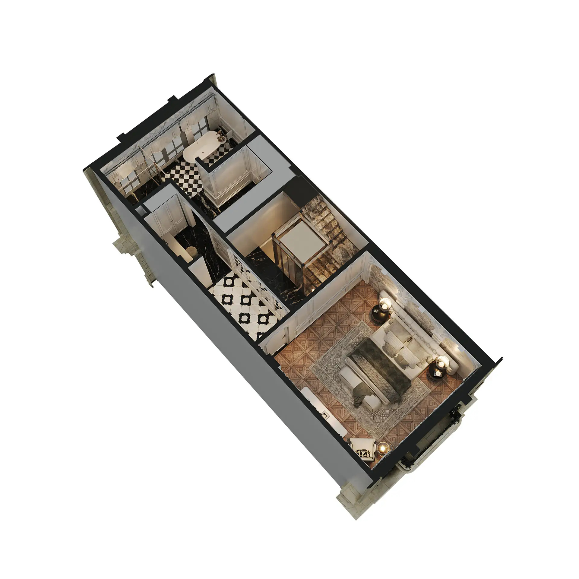 Grand Shophouse Noble Palace Tây Thăng Long 6 Phối cảnh 3D mặt bằng tầng 3 của Grand Shophouse Noble Palace, gợi ý thiết kế không gian phòng khách sang trọng và phòng tắm master đẳng cấp.