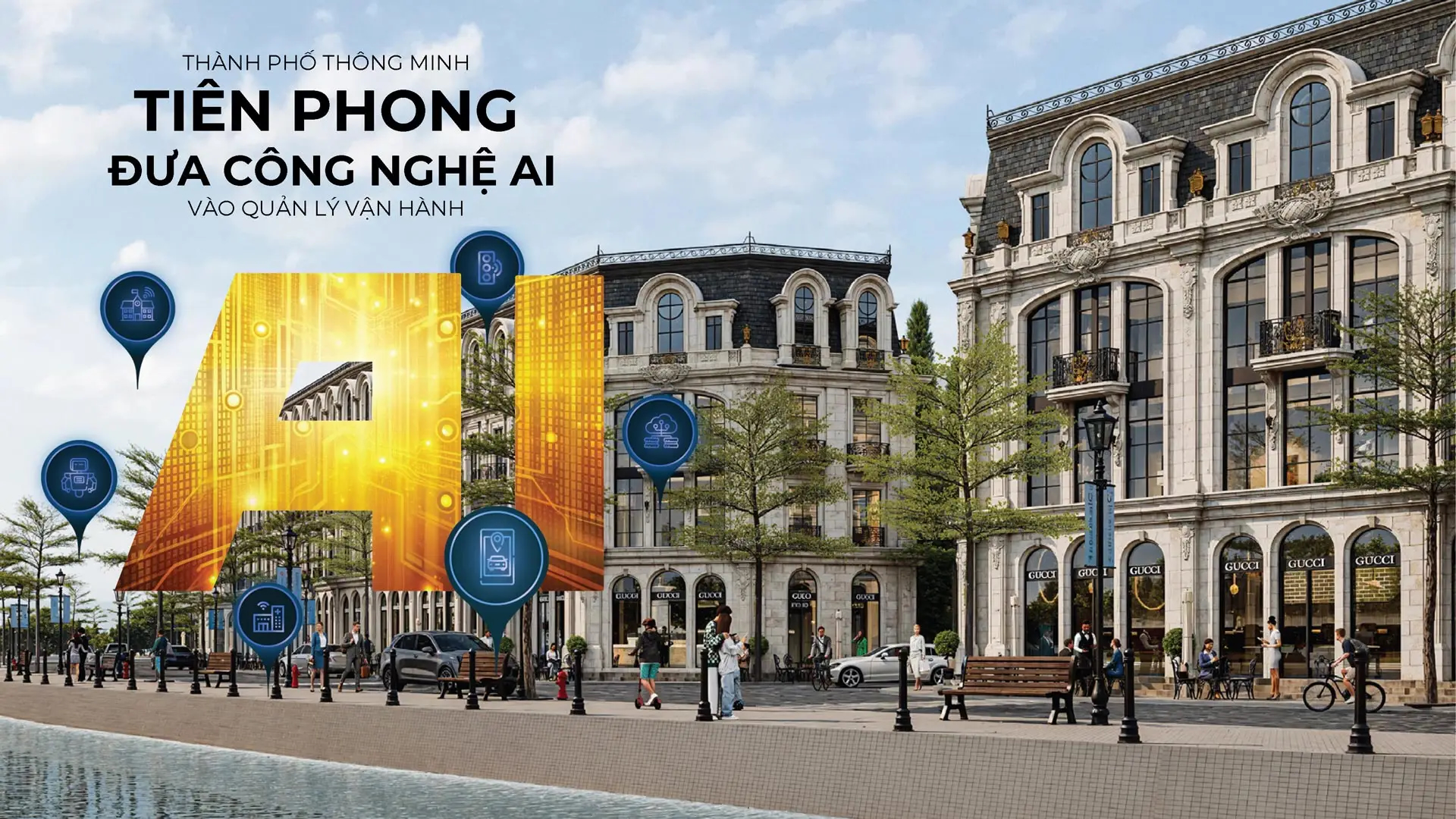 Mô phỏng mạng lưới công nghệ AI được ứng dụng vào quản lý vận hành tại Noble Palace Tây Thăng Long, đô thị thông minh AI đầu tiên tại Việt Nam.