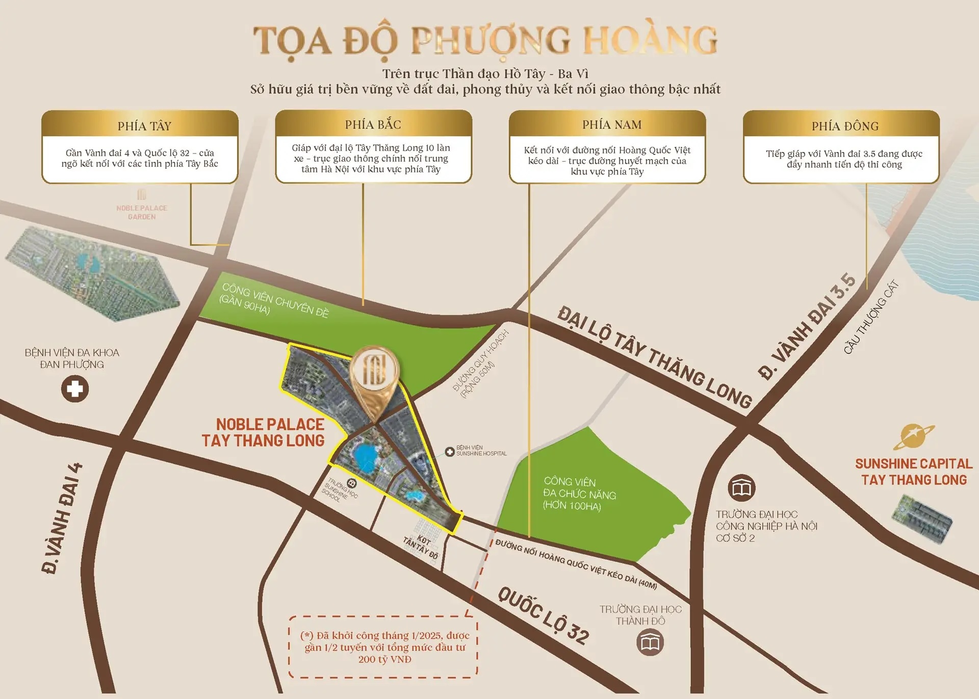 Bản đồ vị trí kim cương của dự án Noble Palace Tây Thăng Long tại Đan Phượng, thể hiện sự kết nối đến các trục giao thông huyết mạch và trung tâm Hà Nội.